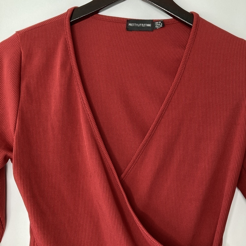 PrettyLittleThing Ribbed Tie Side Wrap Top Size 6 - Picture 2 of 9